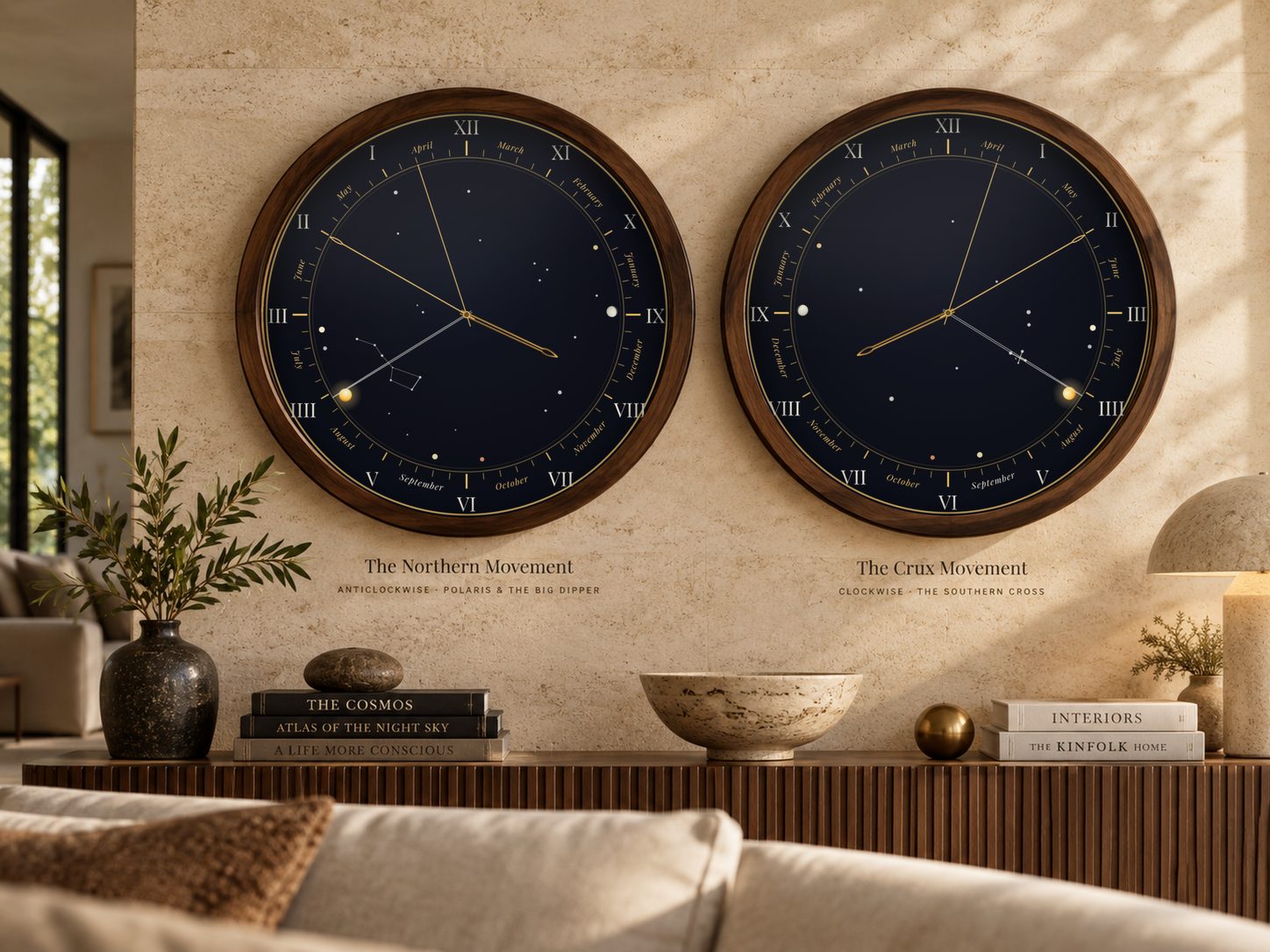 Concept render: the Northern Movement and the Crux Movement in walnut frames on a stone living-room wall, above a sideboard with books and a vase.